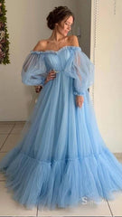 A-line Off-the-shoulder Light Sky Blue Long Prom Dresses Cheap Evening Gowns CBD513|Selinadress