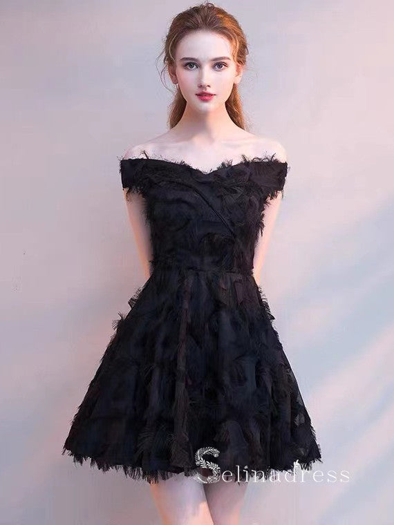 A-line Off-the-shoulder Little Black Lace Short Prom Dress Homecoming Dresses #MHL131|Selinadress