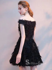 A-line Off-the-shoulder Little Black Lace Short Prom Dress Homecoming Dresses #MHL131|Selinadress