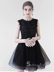 A-line Off-the-shoulder Little Black Lace Short Prom Dress Homecoming Dresses #MHL132|Selinadress