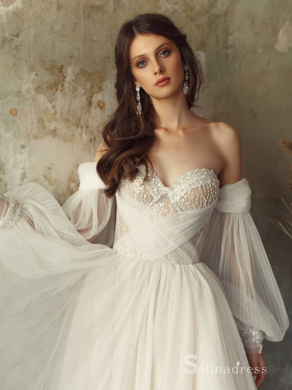 A-line Off-the-shoulder Long Sleeve Rustic Wedding Dresses Ivory Bridal Gowns MHL150|Selinadress