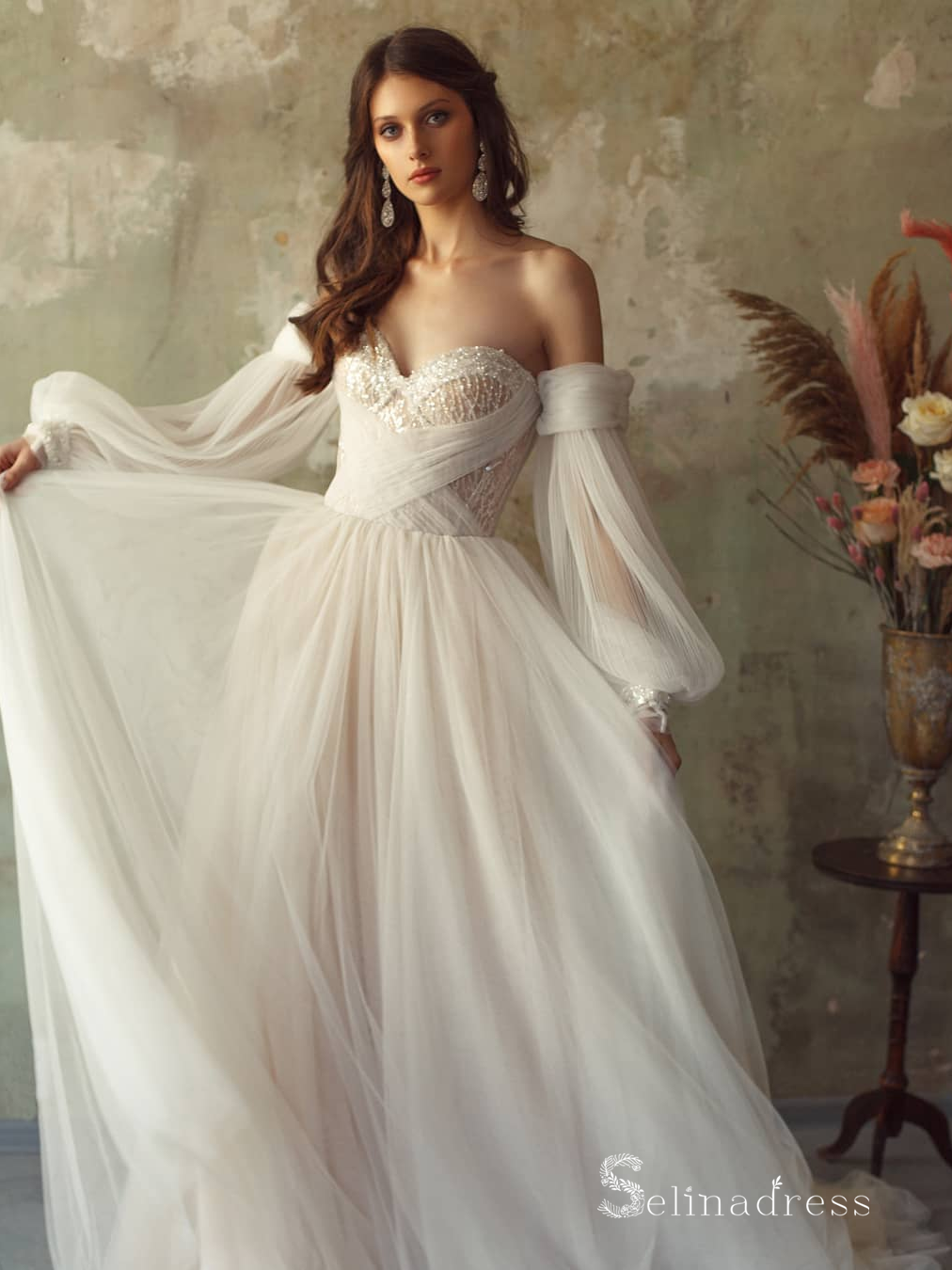 A-line Off-the-shoulder Long Sleeve Rustic Wedding Dresses Ivory Bridal Gowns MHL150|Selinadress