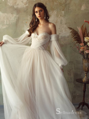 A-line Off-the-shoulder Long Sleeve Rustic Wedding Dresses Ivory Bridal Gowns MHL150|Selinadress