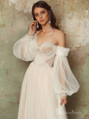 A-line Off-the-shoulder Long Sleeve Rustic Wedding Dresses Ivory Bridal Gowns MHL150|Selinadress