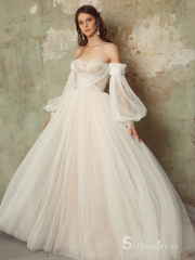 A-line Off-the-shoulder Long Sleeve Rustic Wedding Dresses Ivory Bridal Gowns MHL150|Selinadress