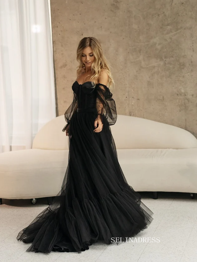 A-line Off-the-shoulder Long Sleeve Wedding Dress Rustic Black Country Wedding Dresses KTC010|Selinadress