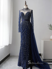 Mermaid High Neck Luxury Beaded Long Prom Dresses Dark Navy Evening Dresses ASB015|Selinadress