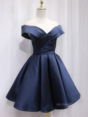 A-line Off-the-shoulder Navy Blue Cute Homecoming Dress Short Prom Dresses EDS026|Selinadress