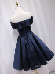 A-line Off-the-shoulder Navy Blue Cute Homecoming Dress Short Prom Dresses EDS026|Selinadress