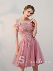 A-line Off-the-shoulder Pink Charming Short Prom Dress Homecoming Dress HML002|Selinadress