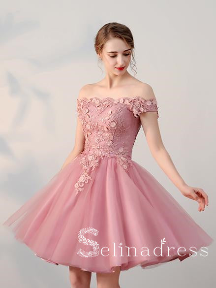 A-line Off-the-shoulder Pink Charming Short Prom Dress Homecoming Dress HML002|Selinadress