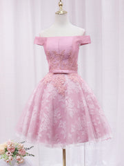 A-line Off-the-shoulder Pink Cute Homecoming Dress Lace Short Prom Dresses EDS023|Selinadress