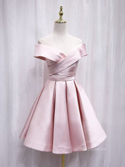 A-line Off-the-shoulder Pink Cute Homecoming Dress Satin Short Prom Dresses EDS021|Selinadress