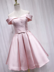 A-line Off-the-shoulder Pink Cute Homecoming Dress Satin Short Prom Dresses EDS022|Selinadress