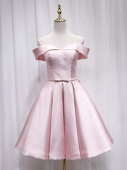 A-line Off-the-shoulder Pink Cute Homecoming Dress Satin Short Prom Dresses EDS022|Selinadress