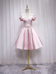 A-line Off-the-shoulder Pink Cute Homecoming Dress Satin Short Prom Dresses EDS022|Selinadress