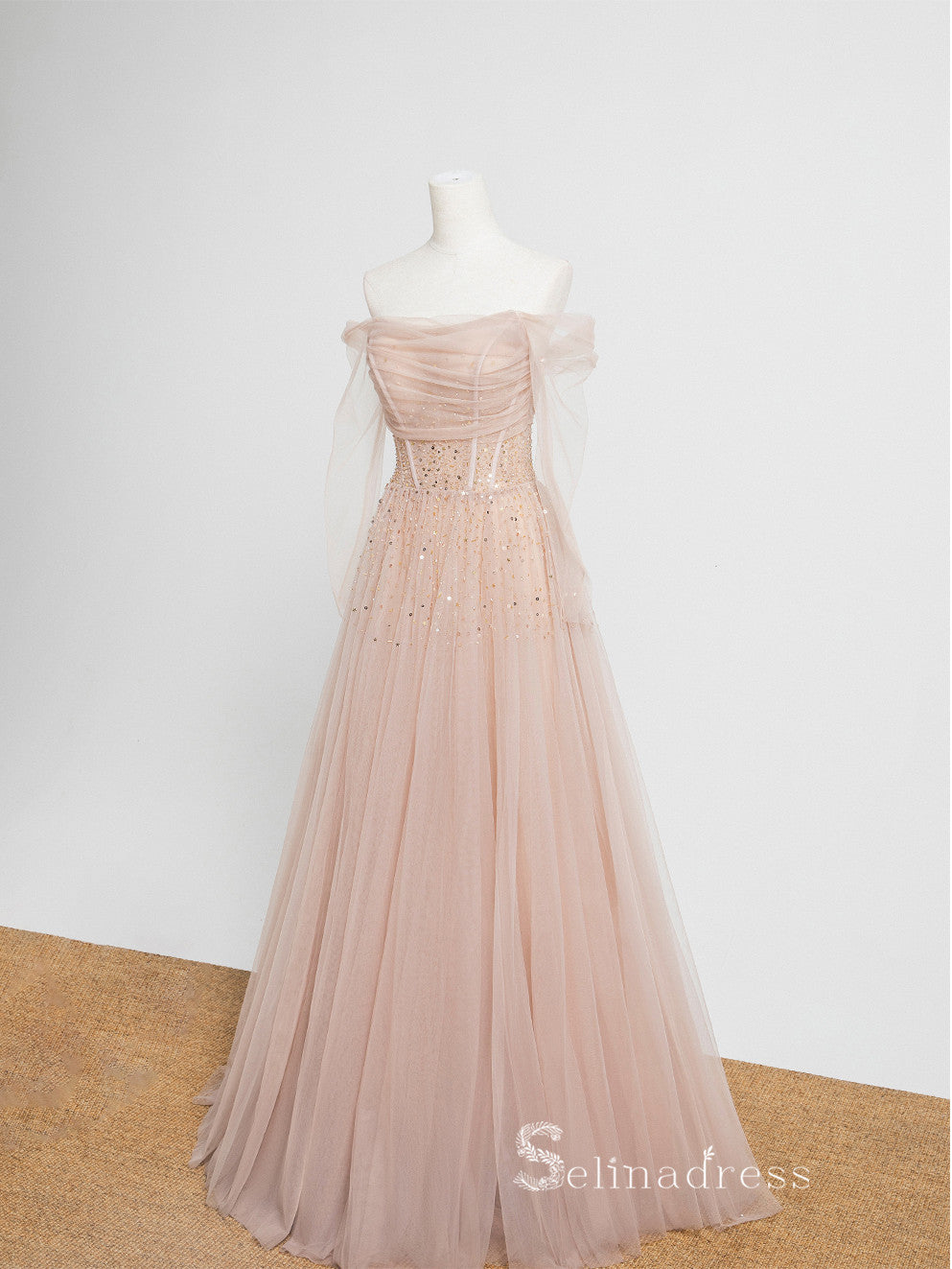 A-line Off-the-shoulder Pink Long Prom Dress Unique Evening Dresses GKF024