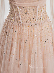 A-line Off-the-shoulder Pink Long Prom Dress Unique Evening Dresses GKF024