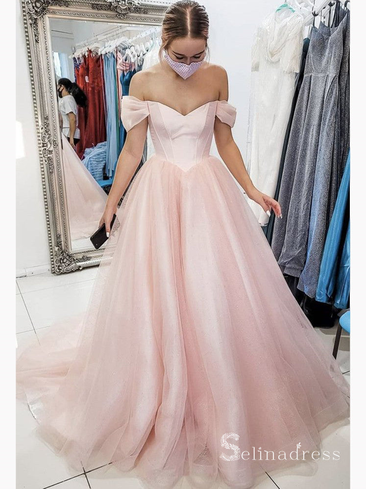 A-line Off-the-shoulder Pink Long Prom Dresses Pink Evening Dress CBD564|Selinadress