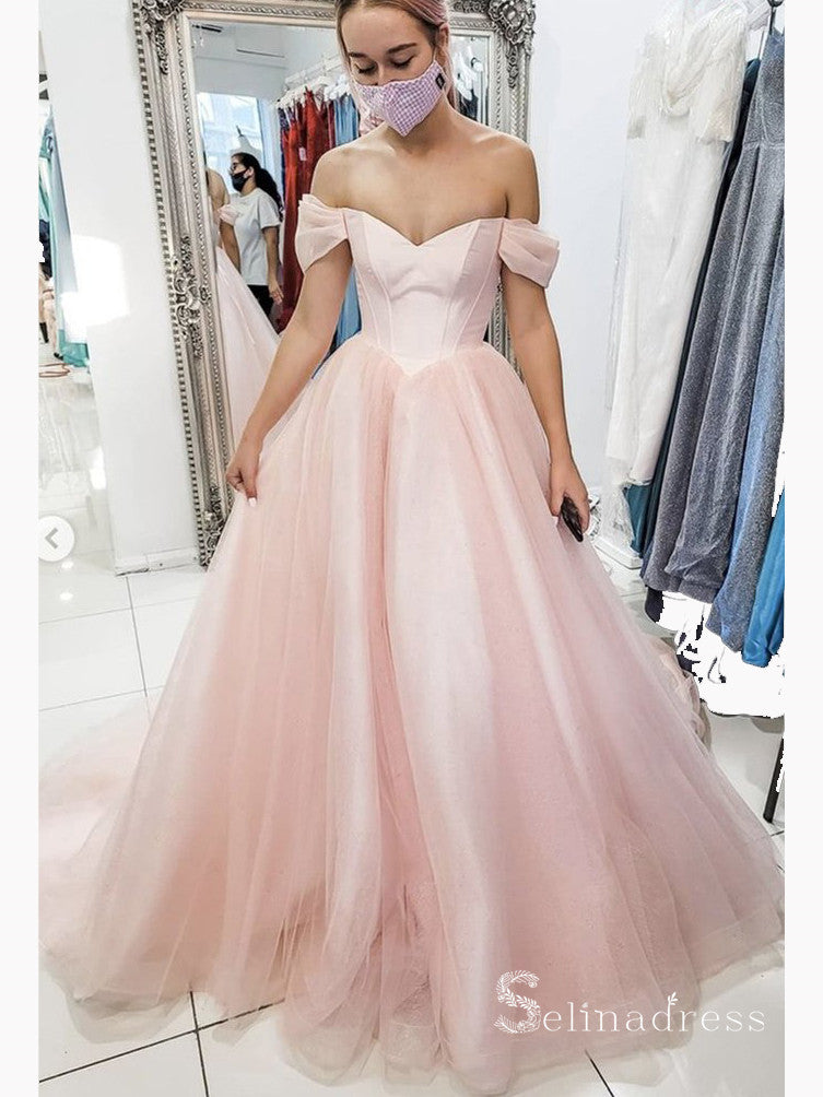 A-line Off-the-shoulder Pink Long Prom Dresses Pink Evening Dress CBD564|Selinadress