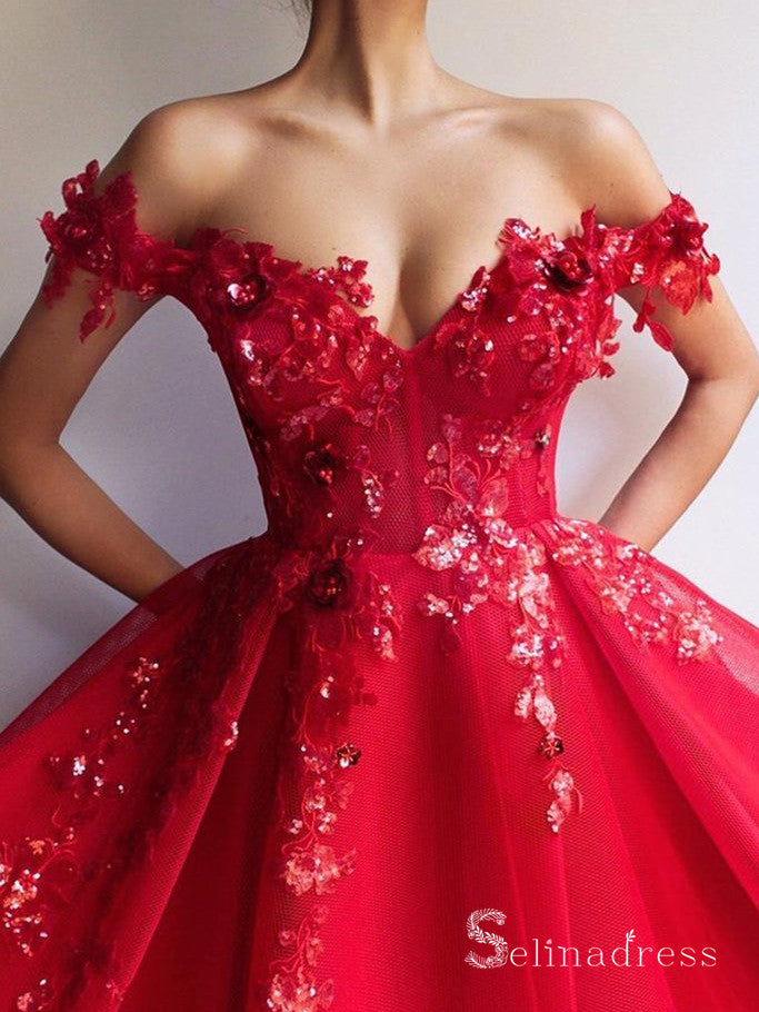 A-line Off-the-shoulder Red Long Prom Dresses Applique Evening Gowns CBD549|Selinadress