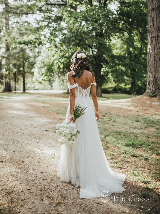 A-line Off-the-shoulder Rustic Wedding Dresses Beach Wedding Gowns MHL2857|Selinadress