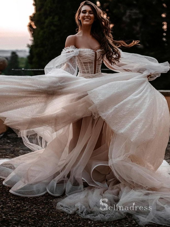 A-line Strapless Satin White Ruffles Wedding Dress Beaded Unique Weddi –  SELINADRESS