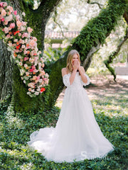 A-line Off-the-shoulder Rustic White Wedding Dresses Lace Bridal Gowns CBD357|Selinadress