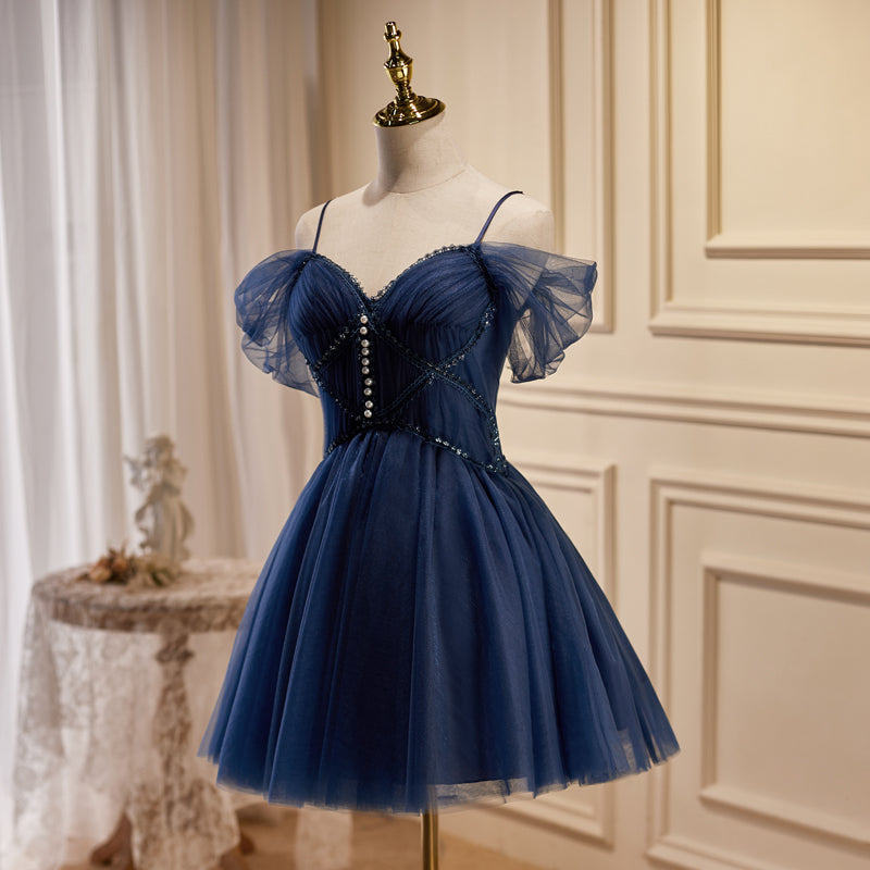 A-line Off-the-shoulder Short Prom Dress Dark Navy Homecoming Dress Cocktail Dresses lop257|Selinadress