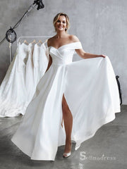 A-line Off-the-shoulder Thigh Split Satin Wedding Dress Cheap Bridal Gowns # SDL008