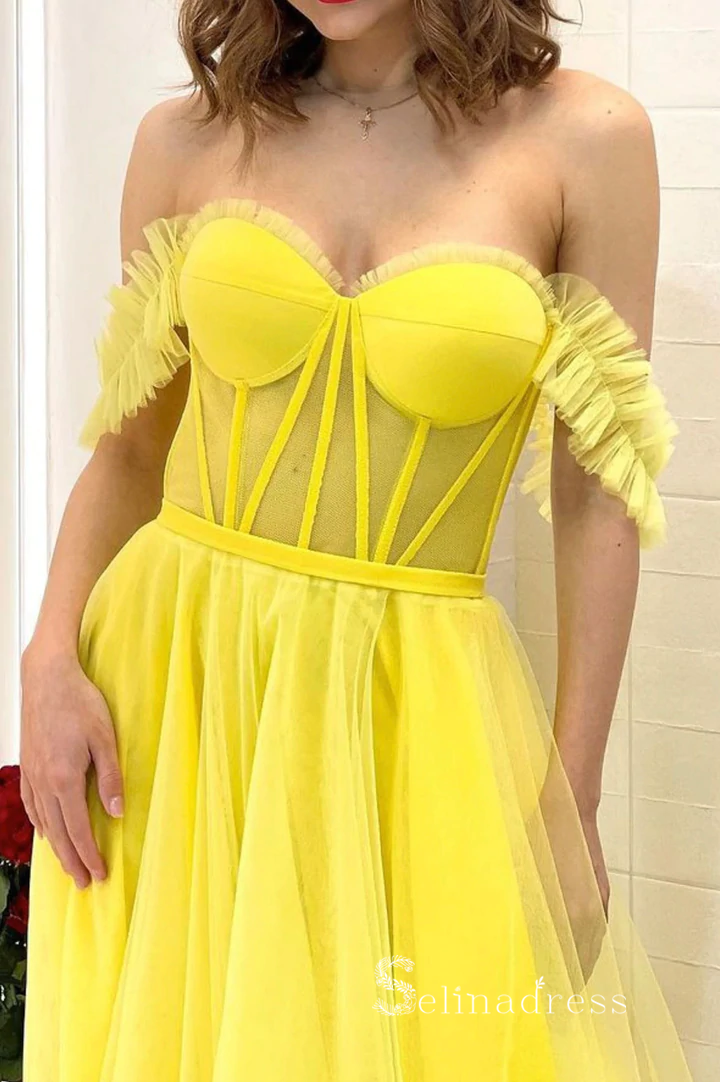 A-line Off-the-shoulder Tulle Yellow Prom Dress Long Cheap Evening Gowns POL004|Selinadress