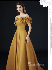 A-line Off-the-shoulder Yellow Long Prom Dress Simple Satin Evening Dresses GKF016|Selinadress