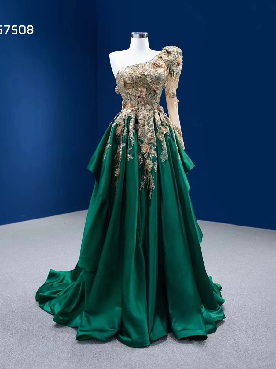 A-line One Shoulder Green Long Prom Dress Applique Evening Gowns RSM67508