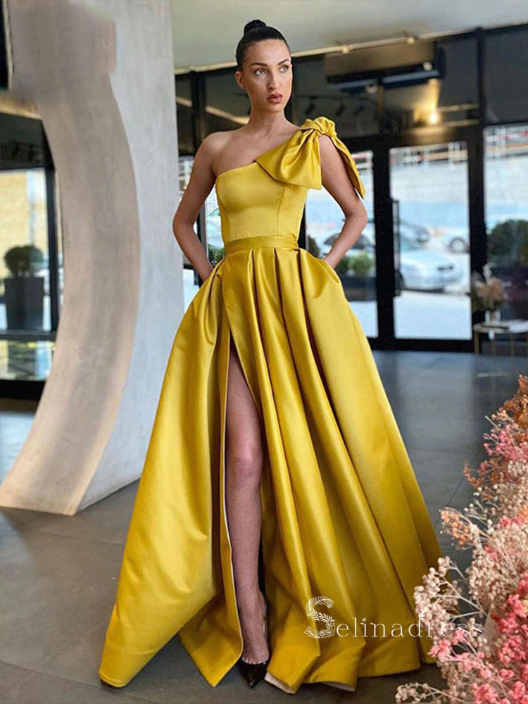 A-line One Shoulder Long Prom Dress With Bow Thigh Split Satin Evening Dresses HLK022|Selinadress