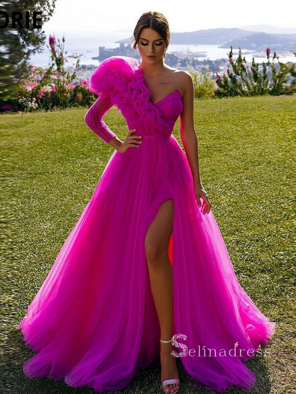 Two Piece Dusty Pink Long Prom Dress Puff Sleeve Formal Dresses Evenin –  SELINADRESS
