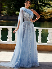 A-line One Shoulder Sequins Prom Dress Tulle Light Sky Blue Evening Gowns #POL056|Selinadress