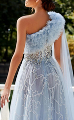 A-line One Shoulder Sequins Prom Dress Tulle Light Sky Blue Evening Gowns #POL056|Selinadress