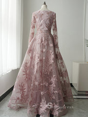 A-line Pink Embroidery Lace Long Sleeve Luxury Prom Dresses Evening Dresses ASB013|Selinadress