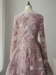 A-line Pink Embroidery Lace Long Sleeve Luxury Prom Dresses Evening Dresses ASB013|Selinadress