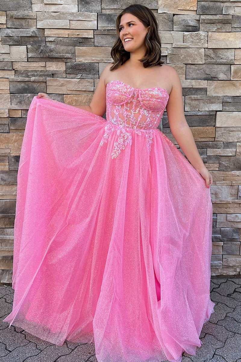 A-line Pink Floral Lace Sweetheart Lace-up Back Shiny Prom Gown #QWE007|Selinadress