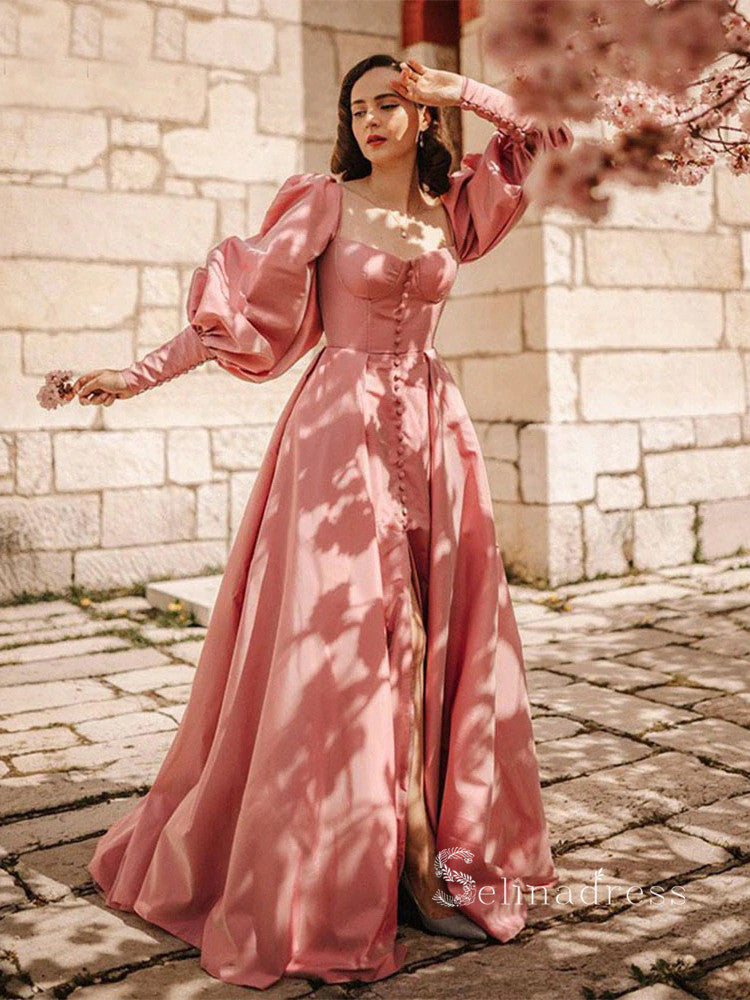 A-line Pink Long Sleeve Prom Dress With Thigh Split Satin Evening Dresses HLK006|Selinadress