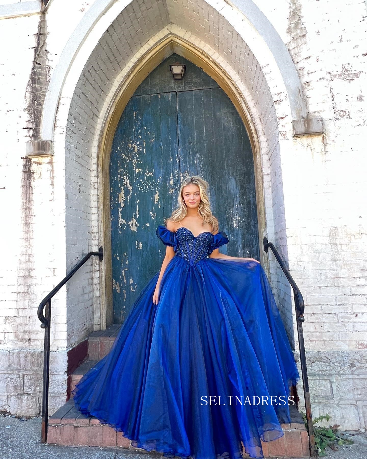 A-line Royal Blue Prom Dress With Puff Sleeve Elegant Beaded Evening Dress Formal Dress #JKP017|Selinadress