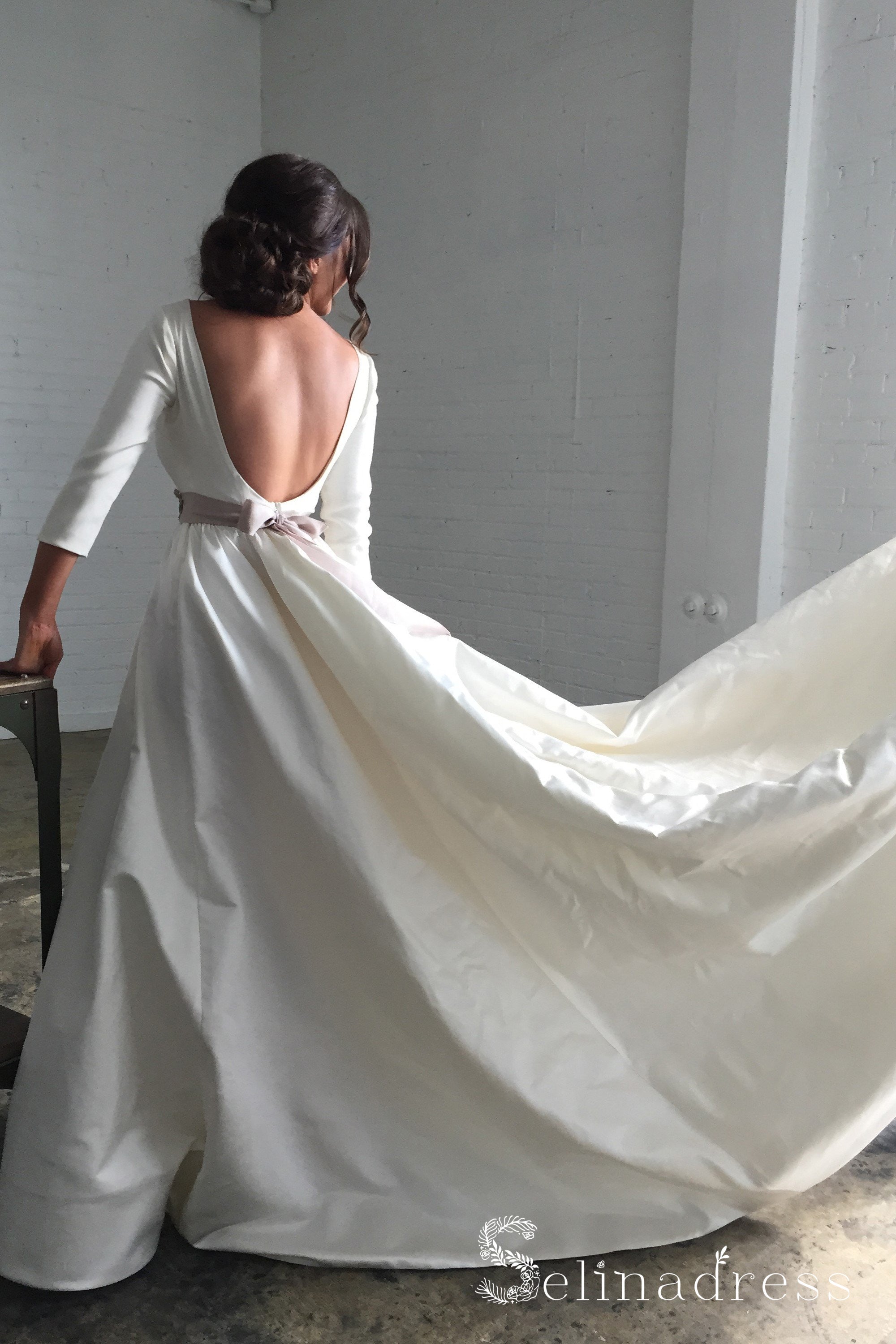 A-line Scoop 3/4 Sleeve Backless Satin Wedding Dresses With Belt Bridal Dress SEW062