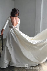 A-line Scoop 3/4 Sleeve Backless Satin Wedding Dresses With Belt Bridal Dress SEW062