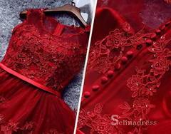 A-Line Scoop Burgundy Applique Lace Short Prom Dress Homecoming Dress MHL051|Selinadress