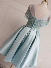 A-line Scoop Cute Homecoming Dress Applique Blue Short Prom Dresses EDS030|Selinadress