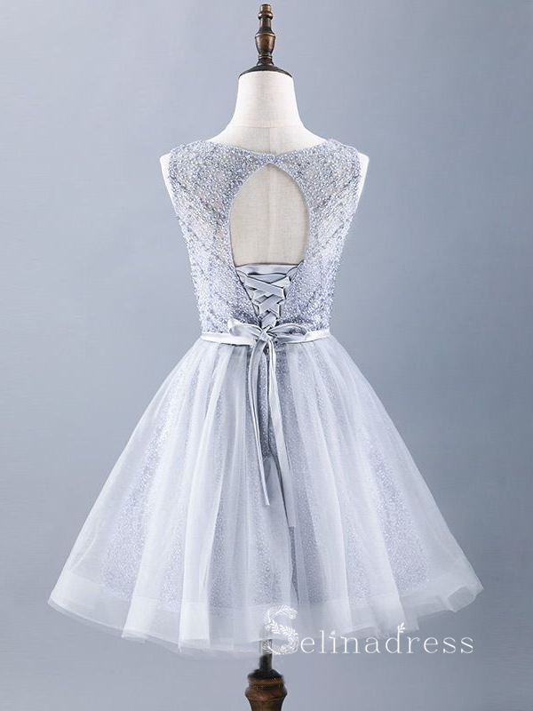 A-line Scoop Gray Cheap Short Prom Dress Beaded Homecoming Dresses #MHL134|Selinadress¡¢