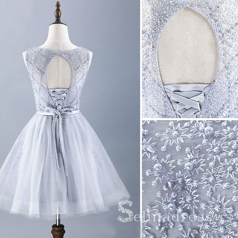 A-line Scoop Gray Cheap Short Prom Dress Beaded Homecoming Dresses #MHL134|Selinadress¡¢