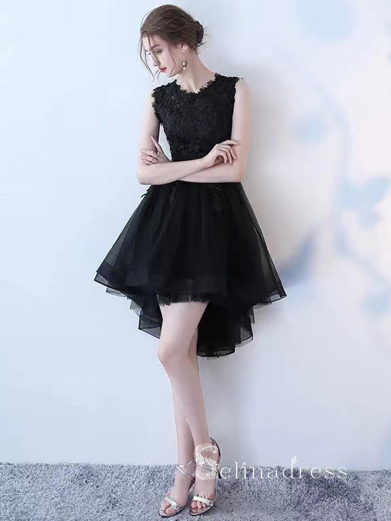 A-line Scoop High Low Lace Short Prom Dress Black Homecoming Dresses #MHL130|Selinadress