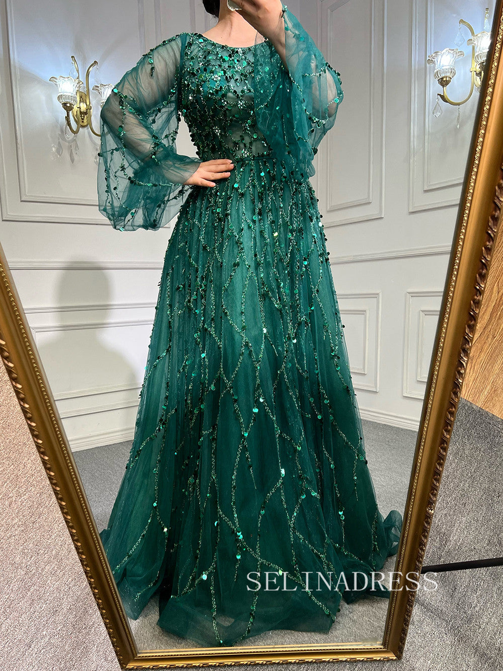 A-line Scoop Long Sleeve Green Long Prom Dress Sparkly Evening Gowns hlks016|Selinadress